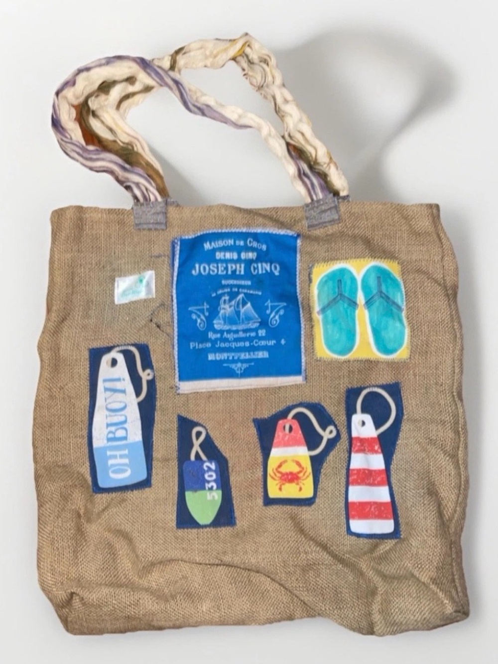 Handmade Nautical Beach Tote Bag Jute Burlap Patchwork